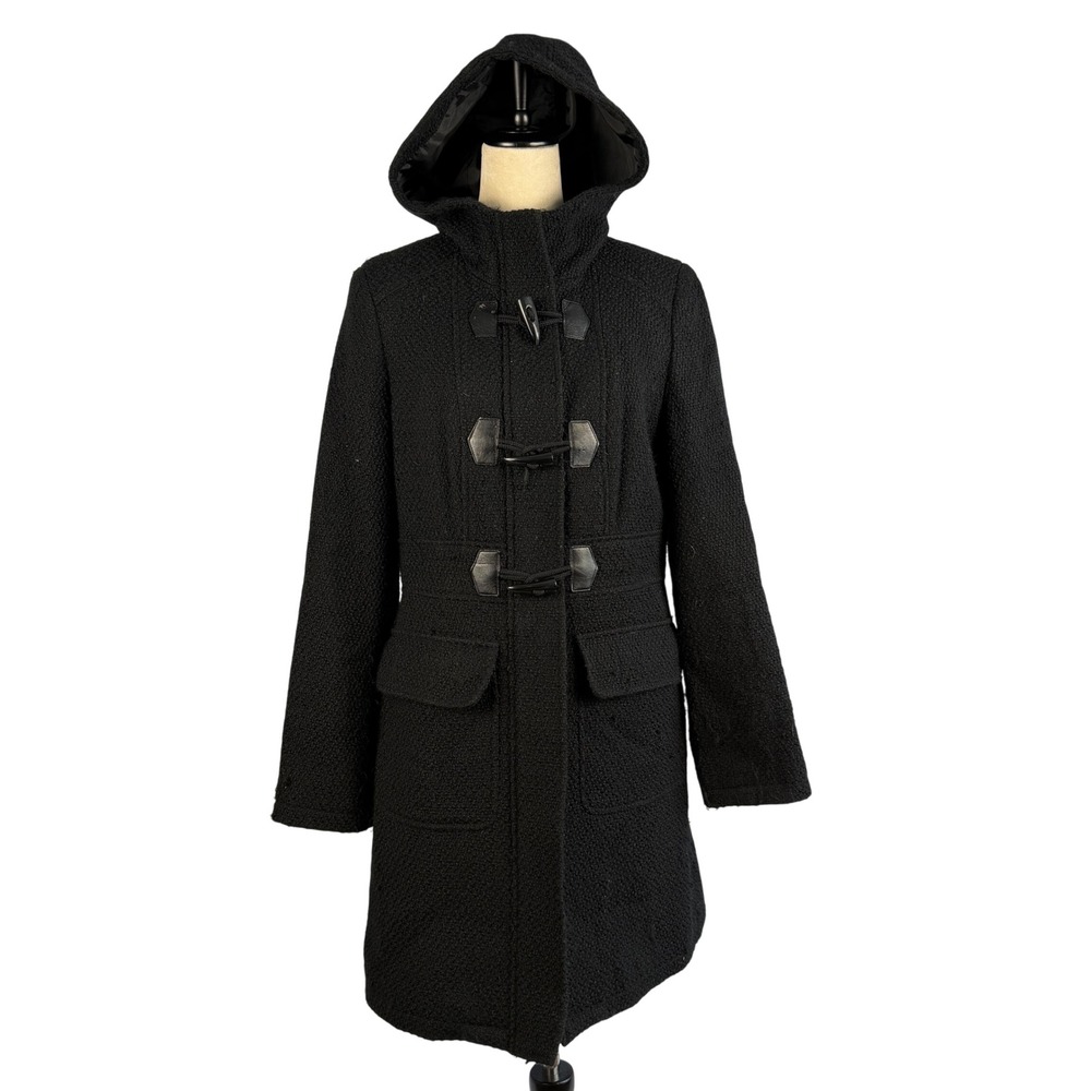 Black Textured Toggle Hooded Wool Blend Coat Women Large Knit Winter Classic